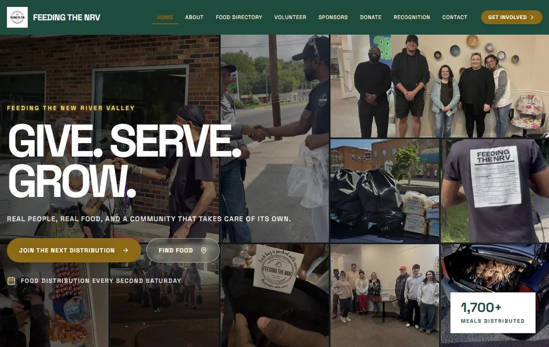 Live Feeding the NRV website preview showing community photos and food support links