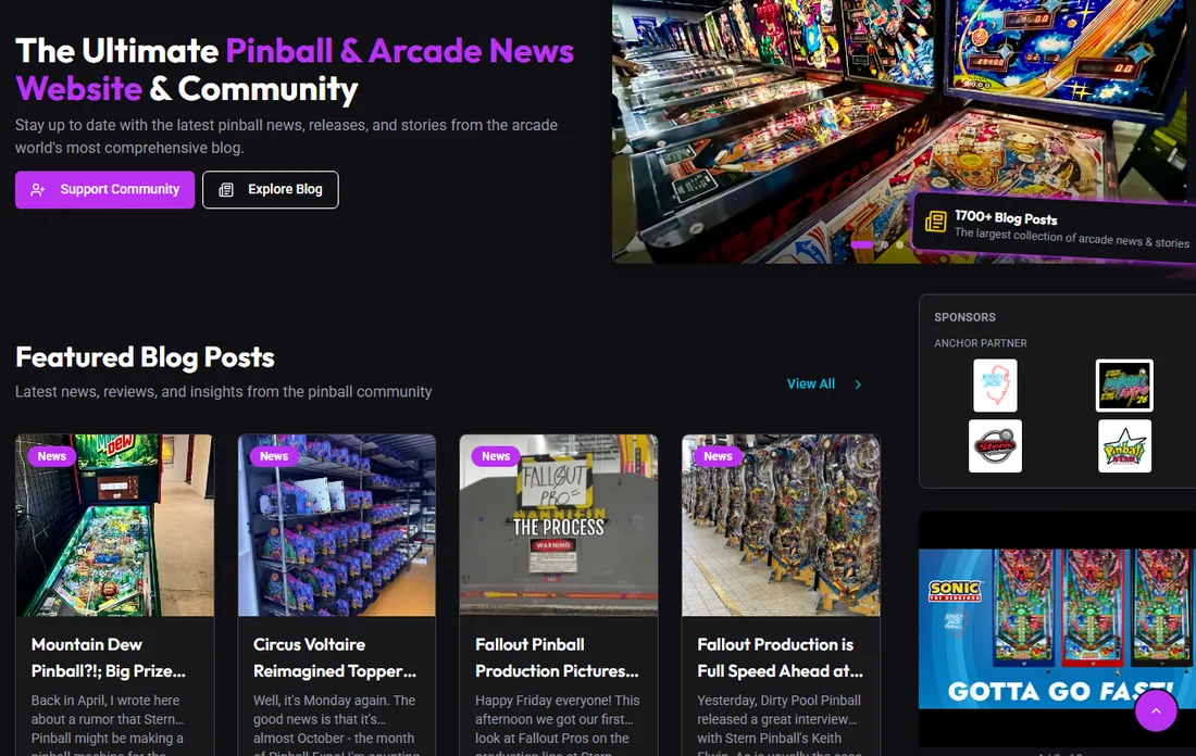 Live Knapp Arcade website preview with pinball news and machines