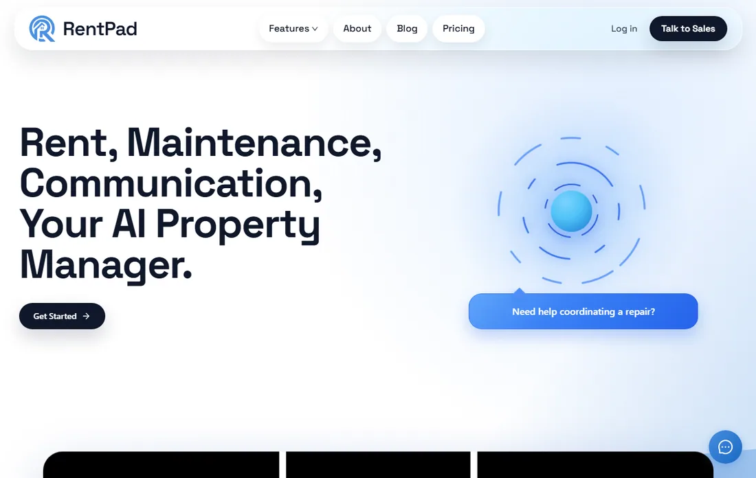 Live RentPad website preview showing its property management introduction